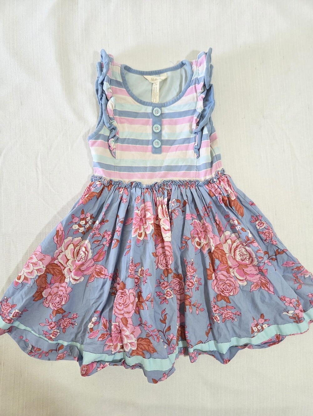 Matilda Jane Blue and Pink Floral Stripe Ruffle Dress Kids 6